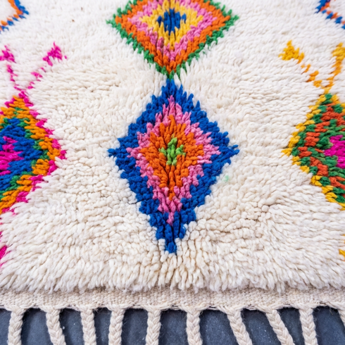 Handmade Azilal Rug - Plush Natural Wool - Vibrant Berber Symbols on Ivory