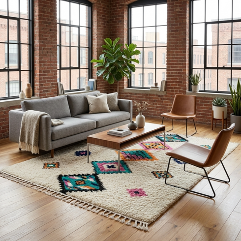 Azilal Rug – Multicolor Shaggy Diamond Wool Moroccan Carpet