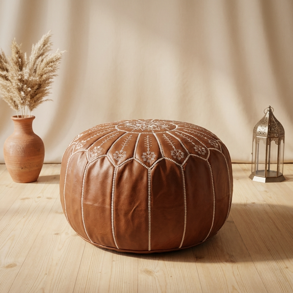 Handmade Moroccan Pouf - Brown Genuine Leather - Boho Chic Living Room Footrest