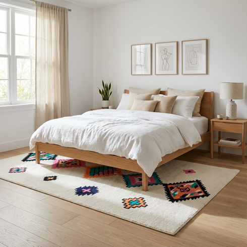 Vibrant Azilal Rug - Shaggy Natural Wool - Boho Living Room Decor - Geometric Tribal Diamonds