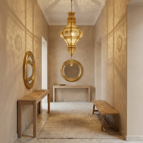Handmade Moroccan Lamp - Gold Brass Pendant - Living Room Statement Lamp