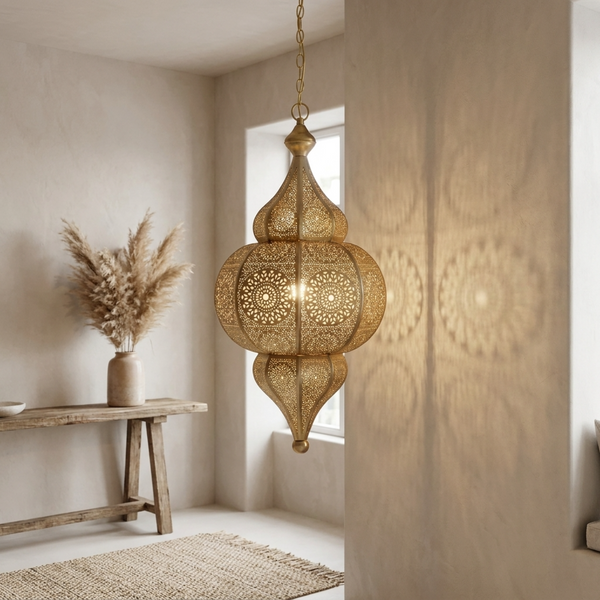 Authentic Handmade Moroccan Lamp – Oxidized Brass Teardrop Pendant with Warm Bedroom Mood Lighting Design