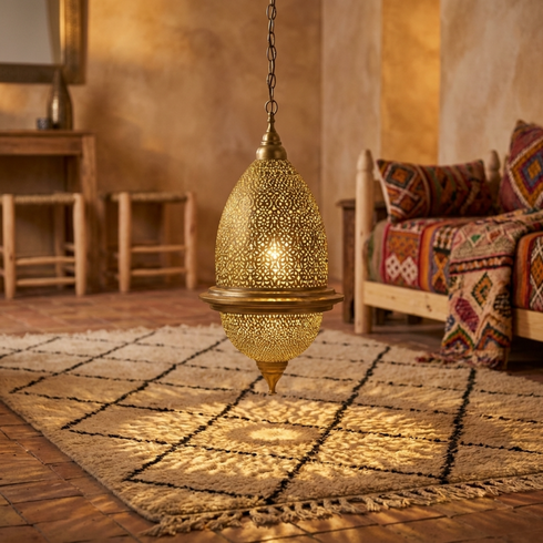 Authentic Handcrafted Moroccan Lamp – Oxidized Brass Filigree Teardrop Pendant for Boho Bedroom Lighting