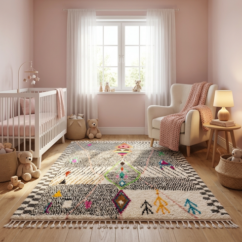 Authentic Handmade Azilal Rug – 100% Wool Moroccan Area Rug with Colorful Abstract Geometric Pattern