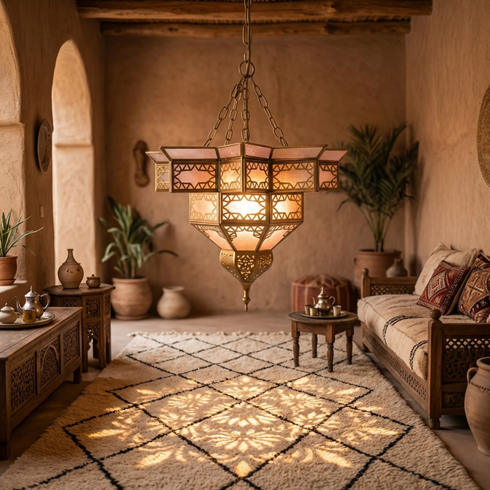 Handmade Moroccan Brass Pendant Lamp - Milky Glass Boho Light (pl-2018)