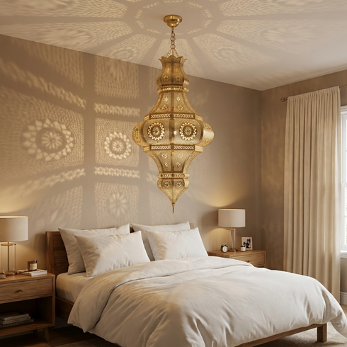 Moroccan Ceiling Light – Filigree Brass Openwork Lamp