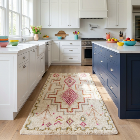 Handmade Azilal Rug - Shaggy Natural Wool - Vibrant Boho Living Room Decor - Pink Geometric Pattern