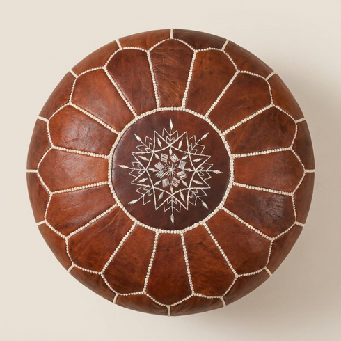 Handmade Moroccan Pouf - Brown Genuine Leather - Boho Chic Floor Seat - Hand-Stitched Embroidery