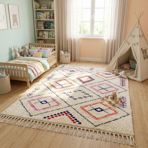 Handmade Azilal Rug - High Pile Natural Wool - Vibrant Geometric Boho Living Room Decor