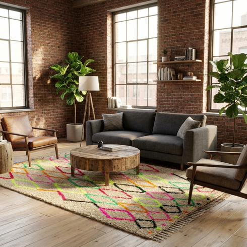 Authentic Handmade Azilal Rug – Plush Shaggy Wool Moroccan Rug with Vibrant Neon Geometric Patterns