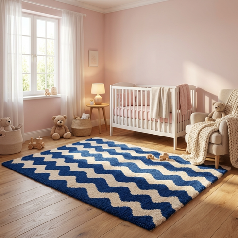 Modern Moroccan Wool Rug - High Pile Shaggy Texture - Vibrant Blue Geometric Wave Design