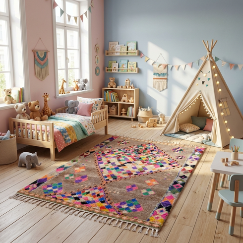 Authentic Boujaad Moroccan Rug – Artisan Handcrafted Wool Area Rug with Colorful Geometric Tribal Pattern
