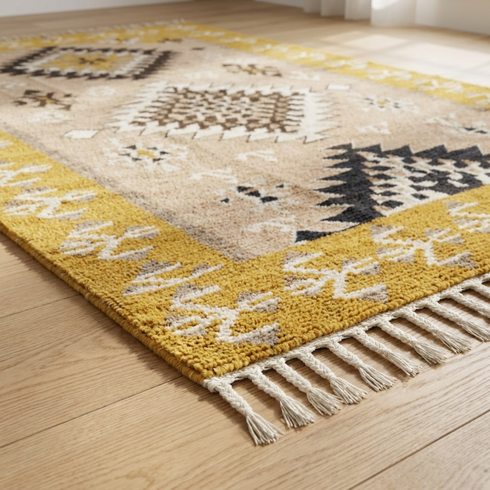 Authentic Moroccan Rug – Plush Natural Wool Area Rug with Geometric Tribal Pattern for Boho Living Room Decor