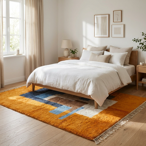 Modern Moroccan Wool Rug – Vibrant Abstract High Pile Area Rug for Boho Living Room Decor