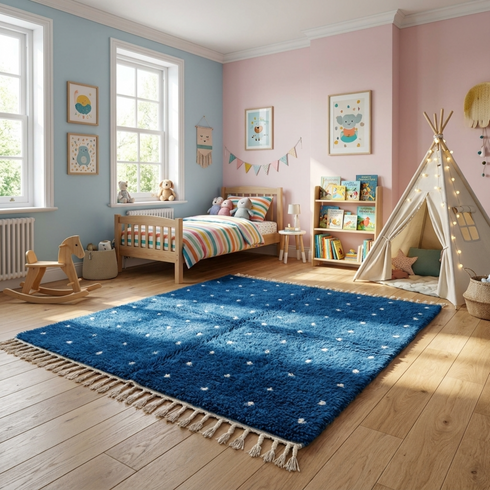 Vibrant Moroccan Rug – Plush Shaggy Wool Rug with Electric Blue & White Polka Dot Pattern