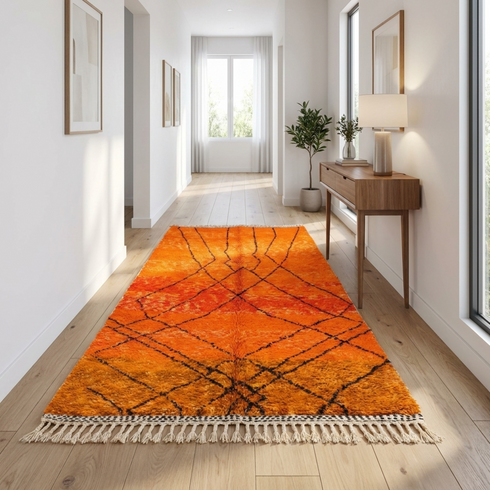 Authentic Moroccan Area Rug – Plush Shaggy Wool Rug in Vibrant Orange for Modern Boho Living Room Decor