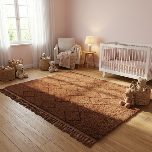 Brown Moroccan Berber Rug - High Pile Natural Wool - Modern Plush Living Room Decor