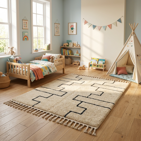 Beni Ourain Rug – Soft Shaggy Wool Area Rug with Tribal Geometric Design for Boho Interiors