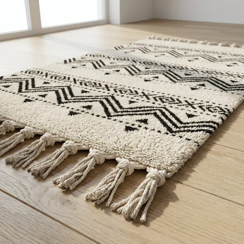 Moroccan Kilim Rug – Black & Ivory Flatweave Diamond Wool Area Rug