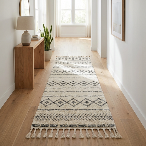 Minimalist Moroccan Rug - Flatweave Natural Wool - Scandi-Boho Geometric Decor