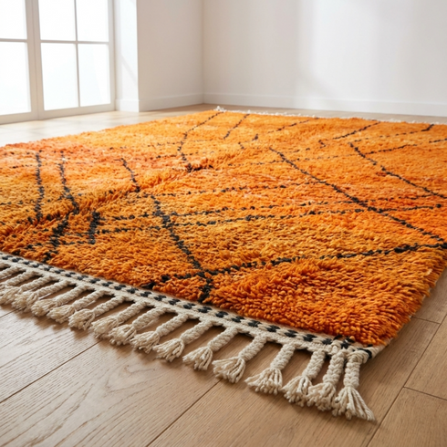 Authentic Moroccan Area Rug – Plush Shaggy Wool Rug in Vibrant Orange for Modern Boho Living Room Decor