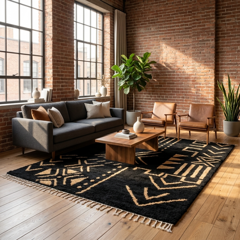 Authentic Moroccan Rug – High Pile Natural Wool Area Rug with Modern Abstract Tribal Geometric Pattern