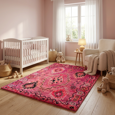 Authentic Handmade Boujaad Rug – Vibrant Pink Wool Moroccan Rug with Tribal Boho Design