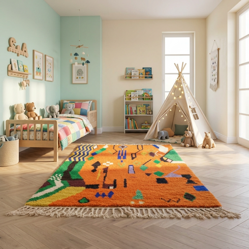 Azilal Rug – Orange Shaggy Striped Wool Rug