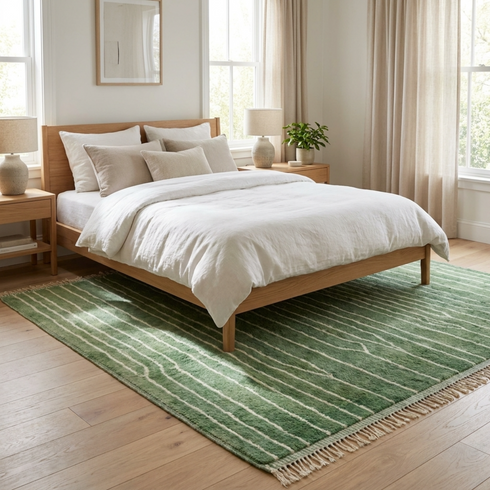 Modern Moroccan Wool Rug – Plush Shaggy Berber Rug with Sage Green Geometric Design for Boho Decor