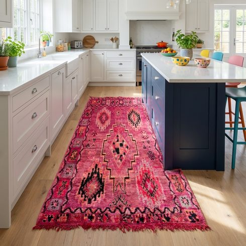 Authentic Handmade Boujaad Rug – Vibrant Pink Wool Moroccan Rug with Tribal Boho Design