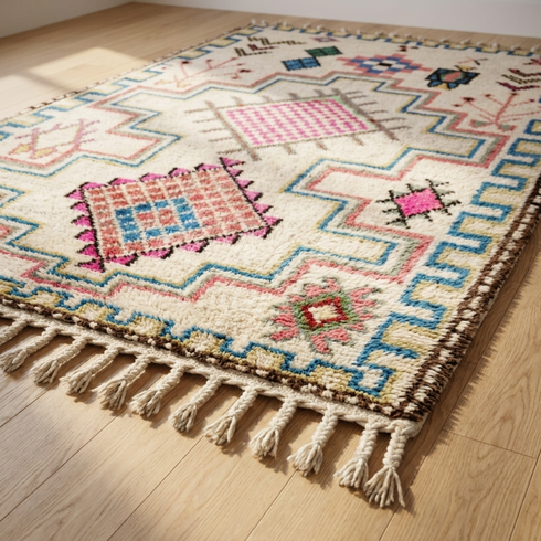 Authentic Handmade Azilal Rug – Natural Wool Moroccan Rug with Vibrant Tribal Geometric Design