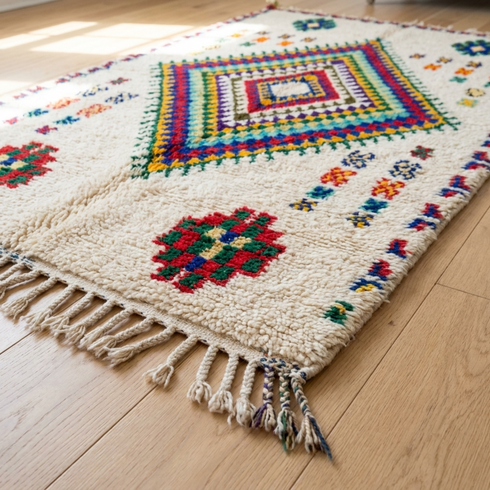 Handmade Azilal Rug - Vibrant 100% Wool - Shaggy Boho Area Rug - Colorful Geometric Tribal Motif