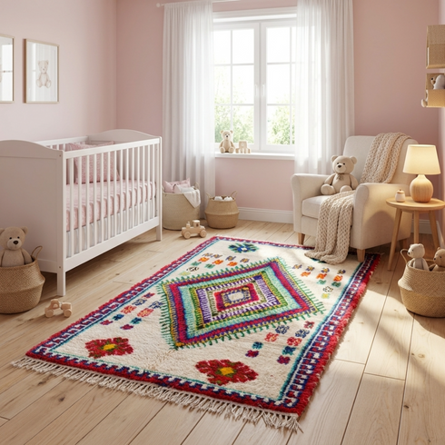Handmade Azilal Rug - Vibrant 100% Wool - Shaggy Boho Area Rug - Colorful Geometric Tribal Motif