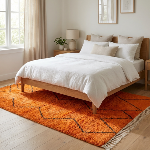 Authentic Moroccan Area Rug – Plush Shaggy Wool Rug in Vibrant Orange for Modern Boho Living Room Decor