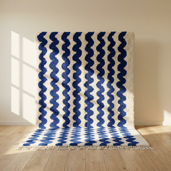 Beni Ourain Rug – Blue High-Pile Diamond Wool Area Rug