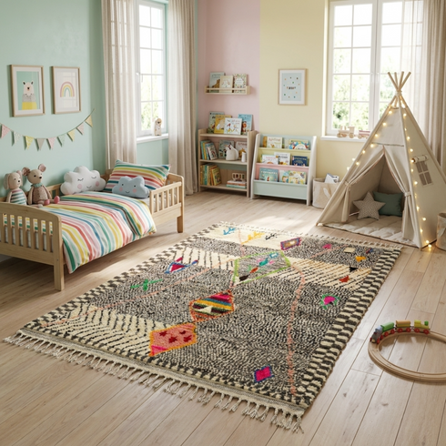 Authentic Handmade Azilal Rug – 100% Wool Moroccan Area Rug with Colorful Abstract Geometric Pattern