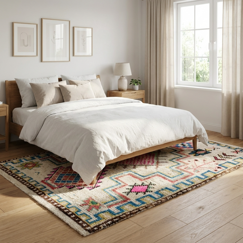 Authentic Handmade Azilal Rug – Natural Wool Moroccan Rug with Vibrant Tribal Geometric Design