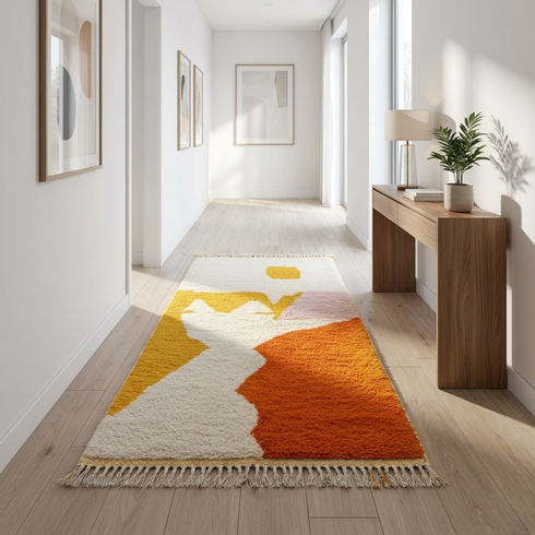 Authentic Azilal Moroccan Rug – Shaggy High Pile Natural Wool Rug with Modern Abstract Design for Boho Decor