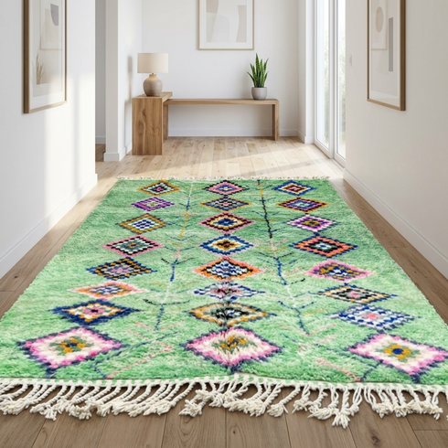 Handmade Azilal Moroccan Rug – Vibrant Shaggy Wool Rug with Sage Green Tribal Diamond Design