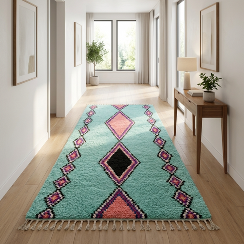 Handmade Azilal Rug – Colorful Shaggy Wool Area Rug with Vibrant Geometric Pattern
