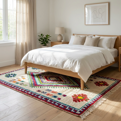 Handmade Azilal Rug - Vibrant 100% Wool - Shaggy Boho Area Rug - Colorful Geometric Tribal Motif