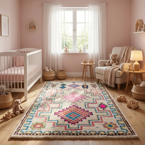 Authentic Handmade Azilal Rug – Natural Wool Moroccan Rug with Vibrant Tribal Geometric Design