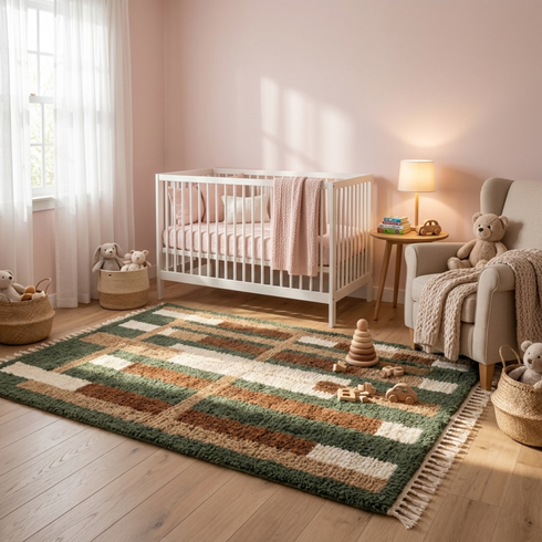 Beni Ourain Rug – Green Geometric Wool Area Rug
