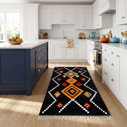 Authentic Handmade Moroccan Rug – Flatweave Wool Rug with Geometric Tribal Design for Boho Living Room Decor