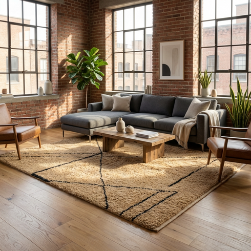 Beni Ourain Rug - High Pile Natural Wool - Abstract Geometric Pattern