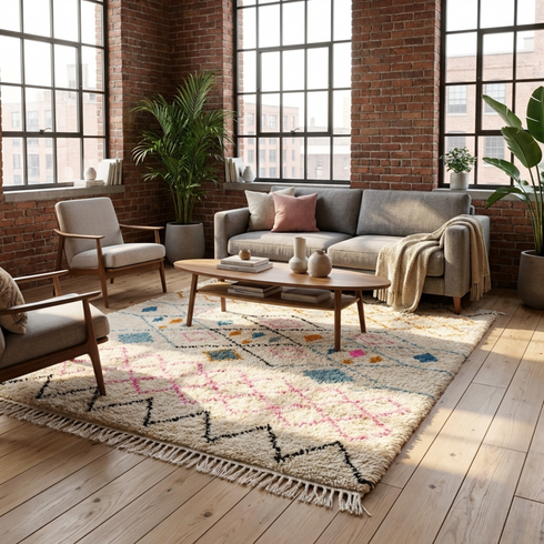 Handmade Azilal Rug - High Pile Natural Wool - Vibrant Boho Living Room Decor - Geometric Tribal Patterns