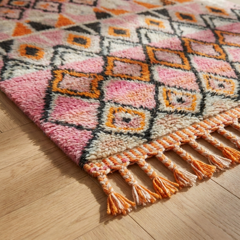 Handmade Boujaad Rug - Plush 100% Wool - Vibrant Boho Living Room Decor - Pink & Orange Geometric Pattern