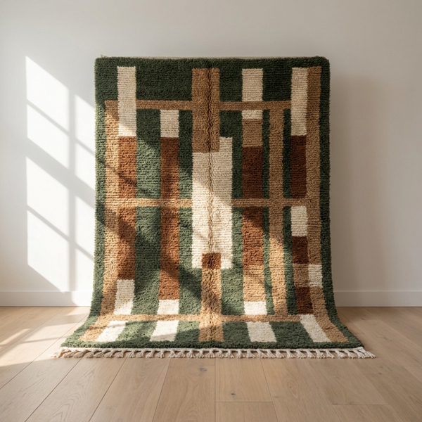 Beni Ourain Rug – Green Geometric Wool Area Rug