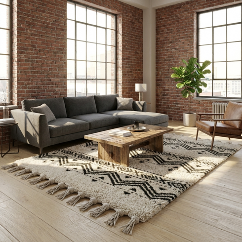 Moroccan Kilim Rug – Black & Ivory Flatweave Diamond Wool Area Rug