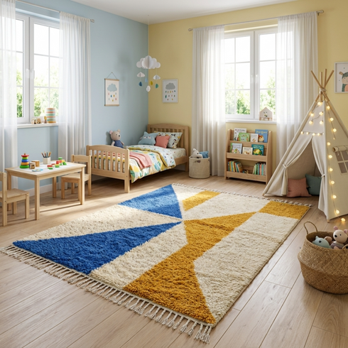 Authentic Moroccan Rug – High Pile Natural Wool Area Rug with Modern Geometric Abstract Pattern for Living Room Decor